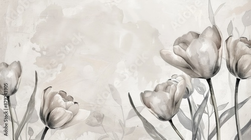 Vintage Style Gray Painted Tulip Flowers on Light Background