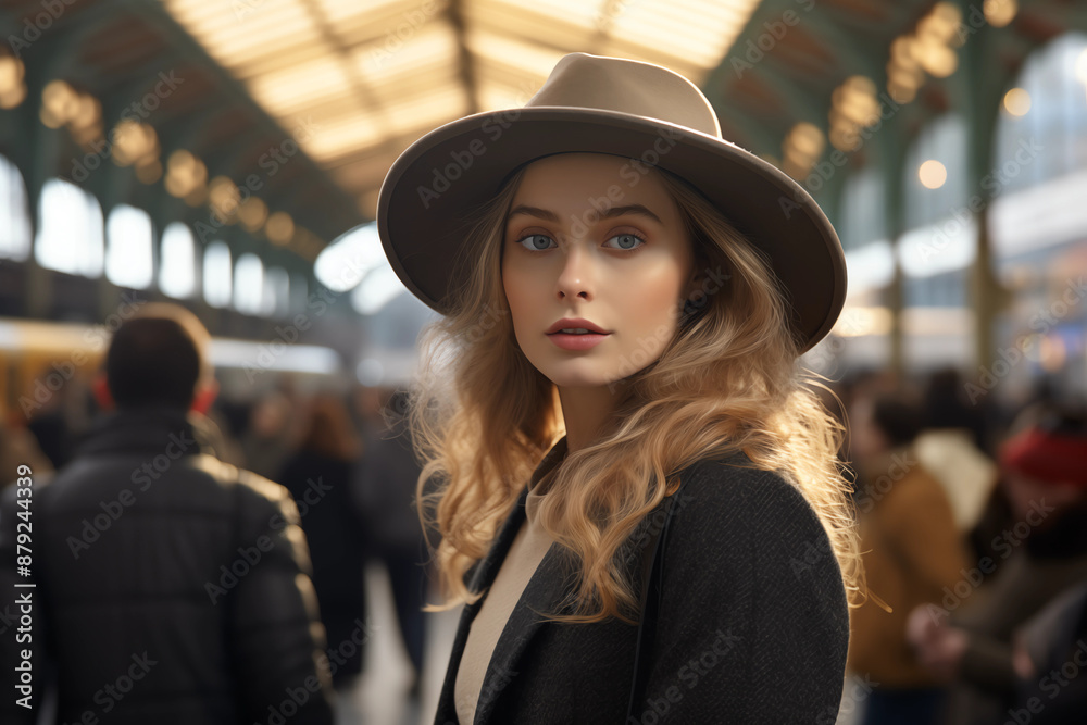 Photo of beautiful young woman with blonde hair looking at the camera, she is fedora hat at the station. Confident, makeup and young woman with elegant style. Portrait of a fashionable woman. Photo of beautiful young woman with blonde hair looking at the camera, she is fedora hat at the station. Confident, makeup and young woman with elegant style. Portrait of a fashionable woman.