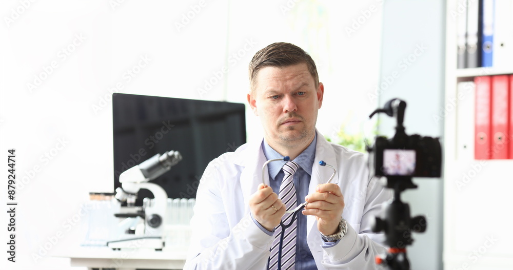 Portrait of sad hardworking doc blogger sitting in modern office and looking at stethoscope with question. Man in white robe wearing stethoscope. Hospital concept Portrait of sad hardworking doc blogger sitting in modern office and looking at stethoscope with question. Man in white robe wearing stethoscope. Hospital concept