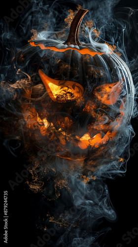 Fiery Jack-O'-Lantern with Smoky Effect on Black Background