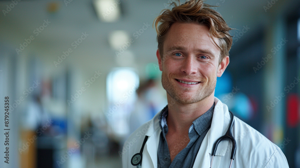 Confident Doctor in Hospital Corridor with Stethoscope Confident Doctor in Hospital Corridor with Stethoscope