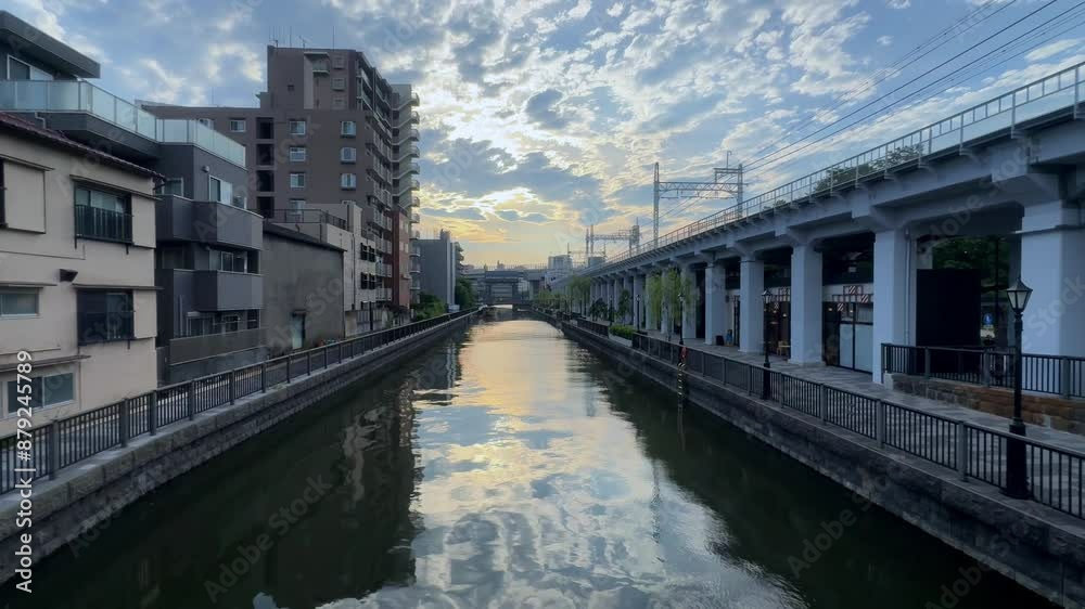 Sunset over a canal with reflections, cityscape, and train tracks on the side Sunset over a canal with reflections, cityscape, and train tracks on the side