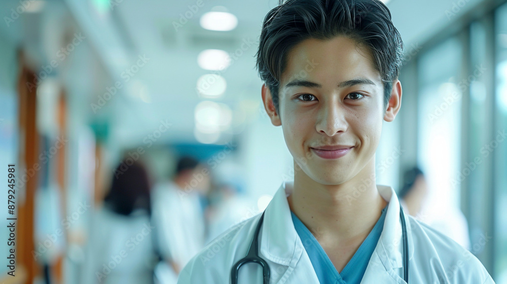 Fototapeta premium Confident Doctor in Hospital Corridor with Stethoscope