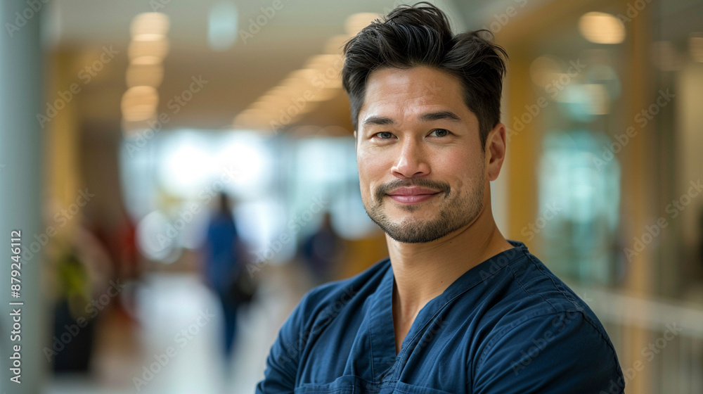 Fototapeta premium Confident Doctor in Hospital Corridor with Stethoscope