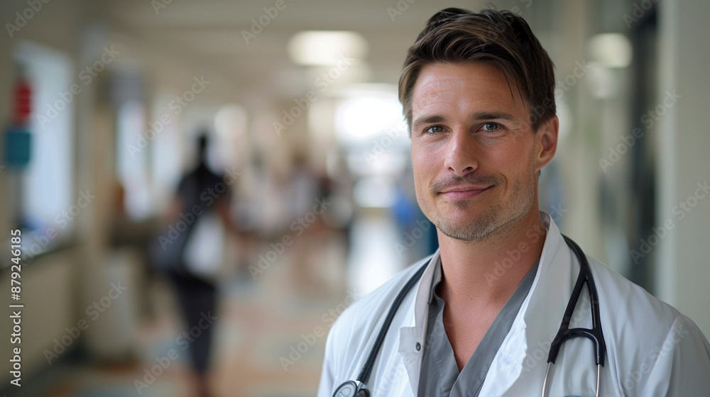 Confident Doctor in Hospital Corridor with Stethoscope Confident Doctor in Hospital Corridor with Stethoscope