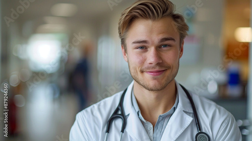 Confident Doctor in Hospital Corridor with Stethoscope