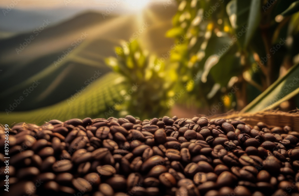 Obraz premium freshly roasted coffee beans on a wooden table against the background of a green garden