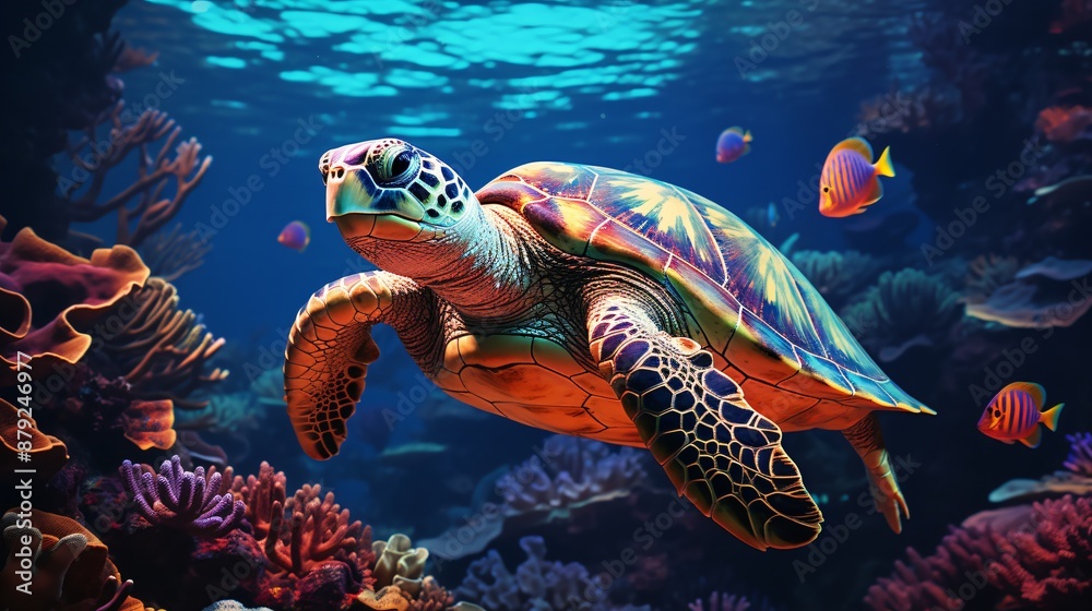 Colorful underwater realm with a charming turtle Colorful underwater realm with a charming turtle