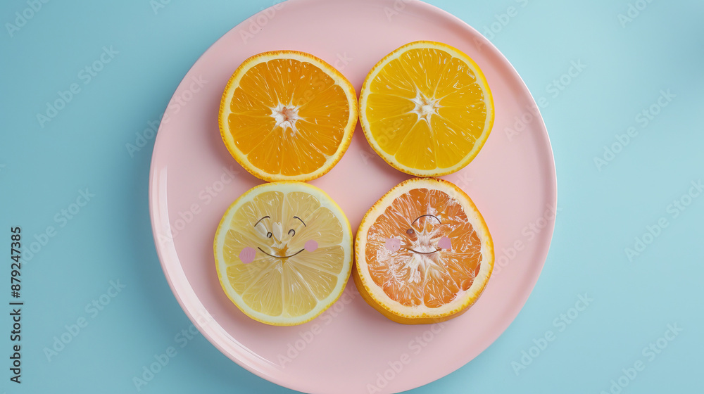 Bright orange slices and yellow lemon slices lie on a pale pink plate. Their placement forms a funny face. The plate is placed against a soft blue background. Bright orange slices and yellow lemon slices lie on a pale pink plate. Their placement forms a funny face. The plate is placed against a soft blue background.