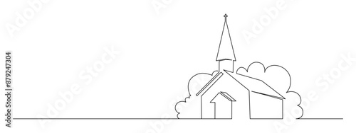 One continuous line drawing of church building with chapel. Catholic and christian house symbol in simple linear style. Vintage religion cathedral in editable stroke. Doodle vector illustration