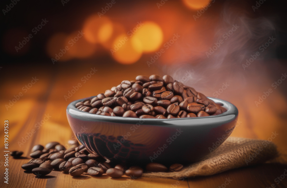 Obraz premium freshly roasted coffee beans, from which steam rises in a large metal cup. the coffee beans are ready for grinding. coffee making technology