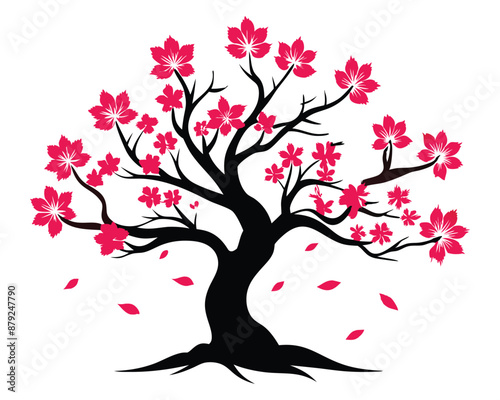 Sakura or pink cherry blossom, Vector watercolor blooming flower tree or forest side view isolated on white background for landscape and architecture drawing,elements for environment or and garden