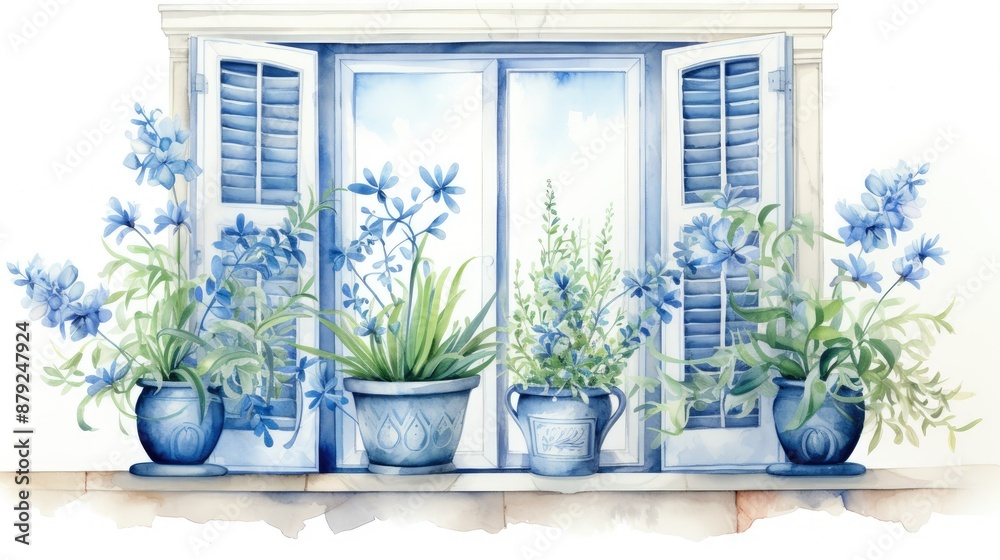Fototapeta premium A beautiful window with blue shutters 