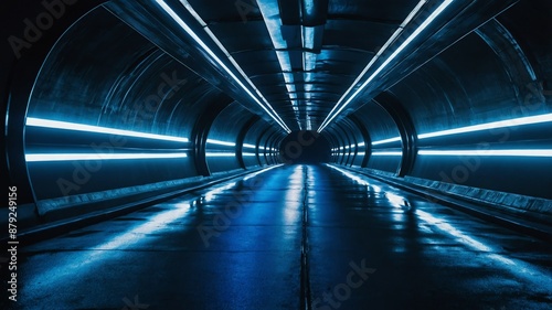 futuristic road tunnel with blue lighting background