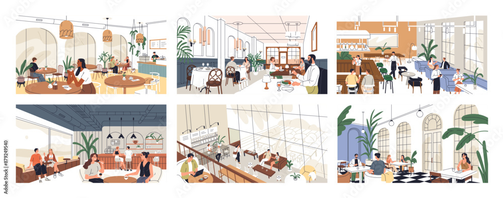 Obraz Restaurant and cafe interiors set. People dining at tables, bar counters, cozy coffeehouses. Customers sitting, eating meals in cafeterias, coffeeshops, coffee houses. Flat vector illustrations