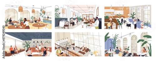 Restaurant and cafe interiors set. People dining at tables, bar counters, cozy coffeehouses. Customers sitting, eating meals in cafeterias, coffeeshops, coffee houses. Flat vector illustrations