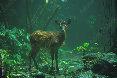 A saola (Asian unicorn) standing in a misty rainforest, its long, straight horns and unique markings clearly visible. 