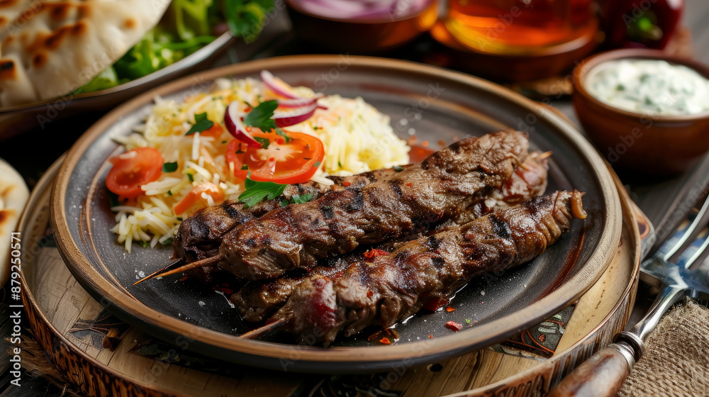 Delectable liver kebab served on a plate, accompanied by fluffy lavash. This Azerbaijani delicacy is a culinary delight, showcasing the vibrant flavors and traditions of its homeland. Delectable liver kebab served on a plate, accompanied by fluffy lavash. This Azerbaijani delicacy is a culinary delight, showcasing the vibrant flavors and traditions of its homeland.