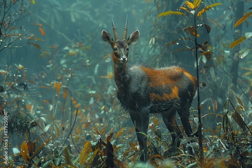 A saola (Asian unicorn) standing in a misty rainforest, its long, straight horns and unique markings clearly visible. 