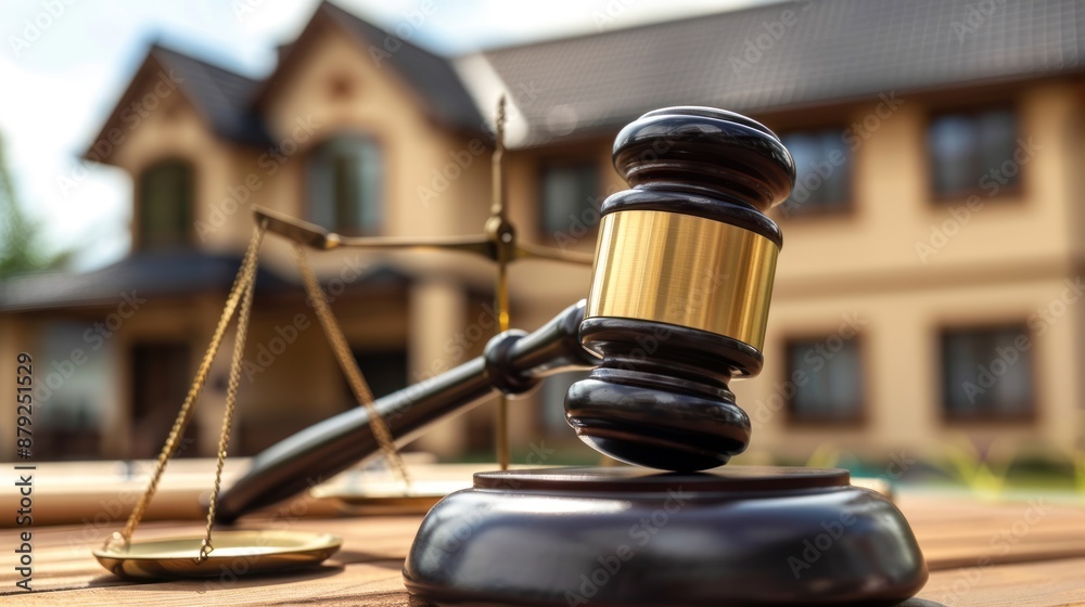 Gavel and Scales of Justice in Front of a House Gavel and Scales of Justice in Front of a House