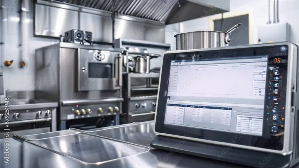 A stainless steel commercial kitchen with a digital display showing data on a countertop. The kitchen is equipped with ovens, stoves, and other appliances. A stainless steel commercial kitchen with a digital display showing data on a countertop. The kitchen is equipped with ovens, stoves, and other appliances.