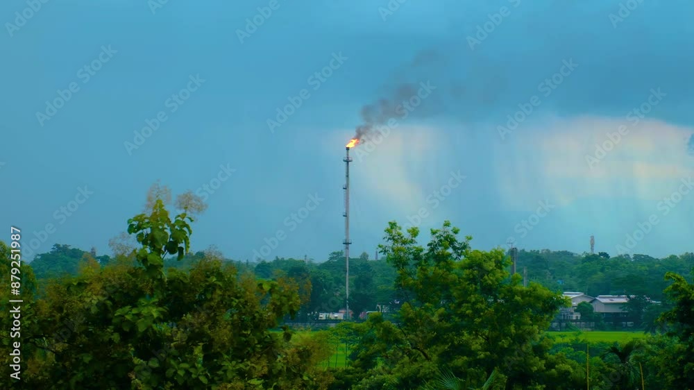 Gas or oil plant station harming forest environment. Raining clouds at the background. Emission of gas smoke polluting air and environment Gas or oil plant station harming forest environment. Raining clouds at the background. Emission of gas smoke polluting air and environment