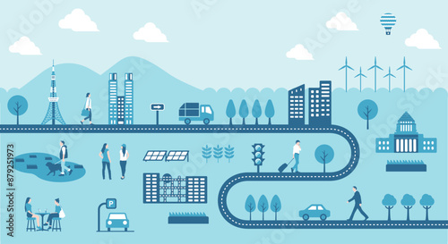 Horizontal banner illustration with the motif of roads and people's lives