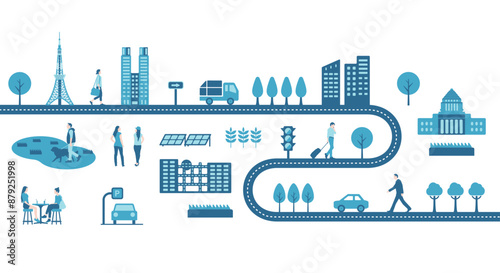 Horizontal banner illustration with the motif of roads and people's lives