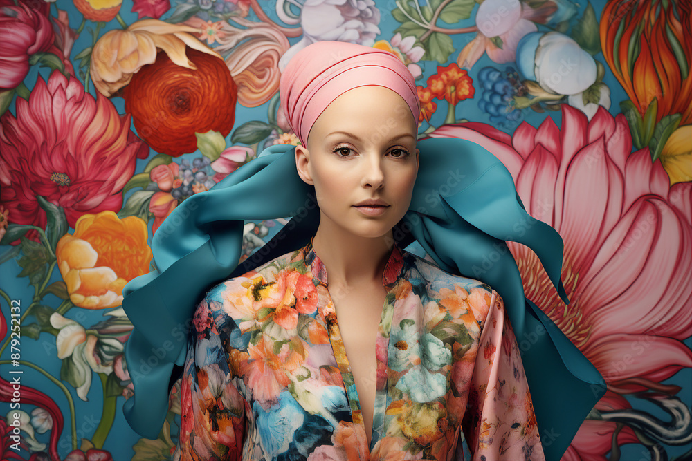 Cancer awareness conceptual Generative AI illustration with bald hairless person after chemo treatment