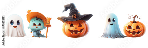 Halloween Festive Cartoon Characters in Halloween Costumes - Witch, Pumpkin, Ghost