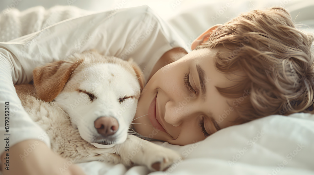 A touching depiction of tranquility and joy, featuring a sleeping boy and his loyal dog in a cozy embrace at home. Reflects the gentle, and heartwarming bond of true friendship and relaxation. A touching depiction of tranquility and joy, featuring a sleeping boy and his loyal dog in a cozy embrace at home. Reflects the gentle, and heartwarming bond of true friendship and relaxation.
