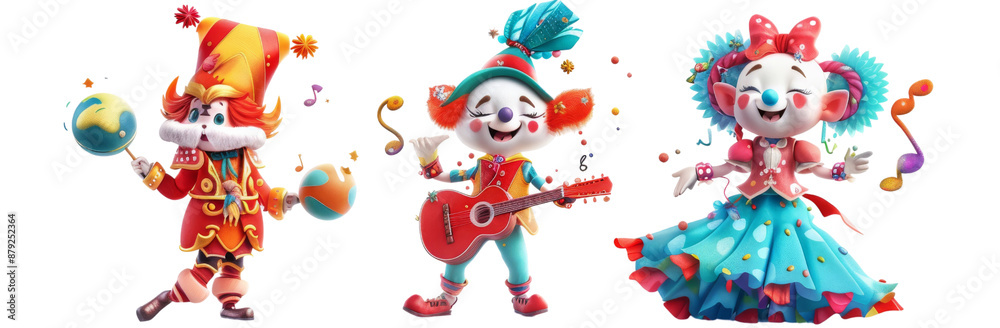 Fototapeta premium Joyful Cartoon Characters in Festival Costumes Performing Circus, Music, and Dance Acts - Fun and Colorful Illustration Set