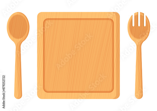 Flat wooden utensil wooden spoon, fork, and square plate illustration clip art 