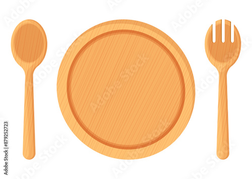 Wooden kitchen utensils wooden plate fork and spoon top view flat illustration clip art