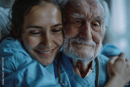 Nurse hospital health services, smiling nurse caring for the aged granny grandpa, Generative AI picture