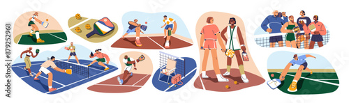 Pickleball game on court. Pickle ball players with rackets. Sports activity, match, training equipment. Playing, serving with paddles over net. Flat vector illustrations isolated on white background