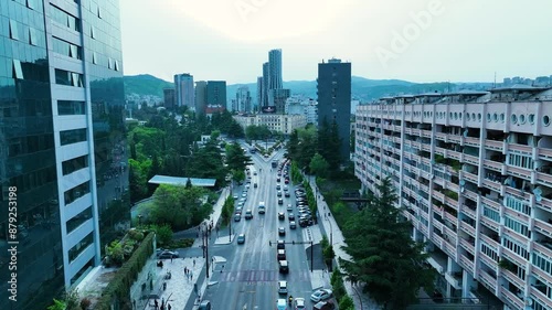 drone shoot for the new side of tbilisi with alot of cars new buildings photo