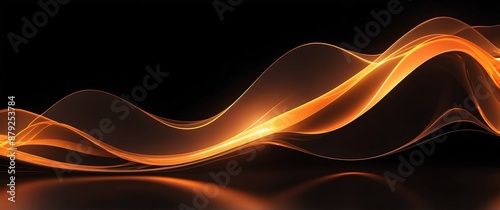 orange abstract wave of lights on dark smooth reflective metallic surface