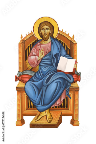 The Jesus Christ sitting on the throne illustration in Byzantine style isolated