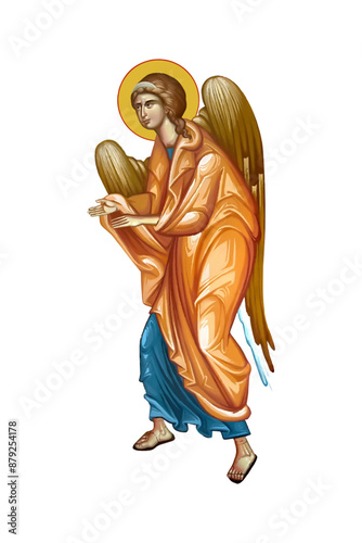 Angel illustration in Byzantine style on white background