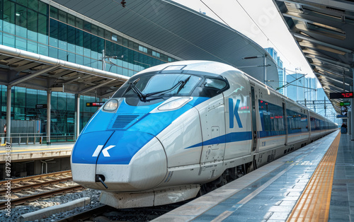 A white and blue high-speed train is parked at the station in Seoul, South Korea. photo