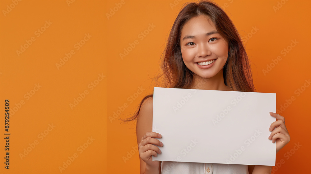 Asian girl standing smiling holding a white sign on an orange background. Asian girl standing smiling holding a white sign on an orange background.