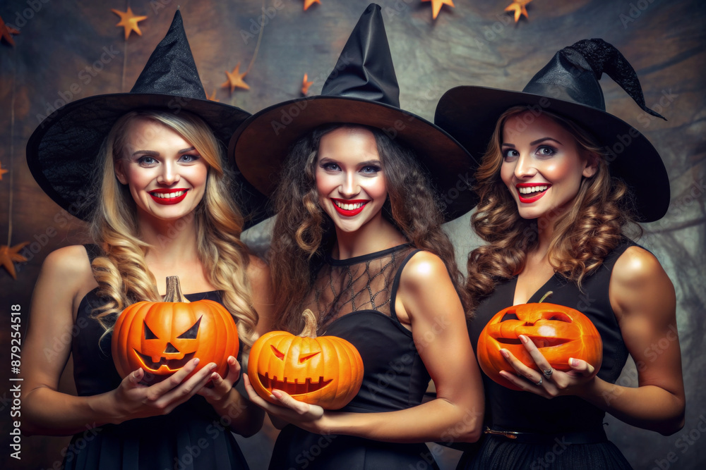 Happy cute woman friends in carnival witch costumes with pumpkin having fun celebrating Halloween. Merry Halloween party Happy cute woman friends in carnival witch costumes with pumpkin having fun celebrating Halloween. Merry Halloween party