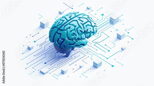 3d render icons of a brain is shown on a white background with a blue outline. The brain is surrounded by a network of wires and circuits, which suggests that it is a part of a larger system