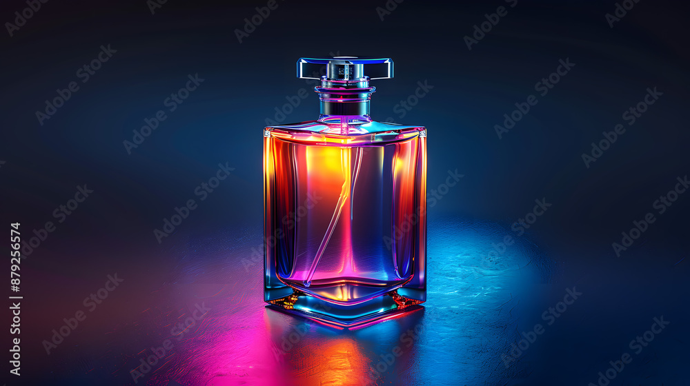 A sleek perfume bottle is illuminated in vibrant, radiant colors, creating a mesmerizing display. The dynamic lighting highlights its luxurious design, making it visually striking and elegant. A sleek perfume bottle is illuminated in vibrant, radiant colors, creating a mesmerizing display. The dynamic lighting highlights its luxurious design, making it visually striking and elegant.