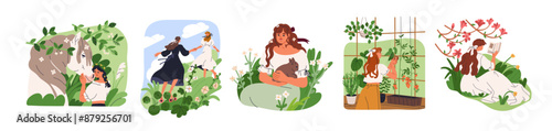 Countryside life set. Woman enjoying rural nature, country, cottagecore aesthetic on summer holiday. Female relaxing outdoors in village, set. Flat vector illustrations isolated on white background