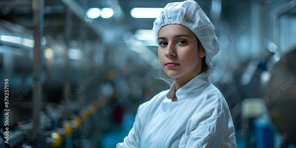 Caucasian woman in factory wearing protective gear with blurred machinery in background. Concept Factory Photoshoot, Industrial Setting, Safety Gear, Caucasian Woman Portrait, Blurred Machinery Caucasian woman in factory wearing protective gear with blurred machinery in background. Concept Factory Photoshoot, Industrial Setting, Safety Gear, Caucasian Woman Portrait, Blurred Machinery