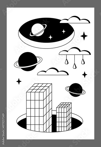 Surrealism poster. Surrealism elements background.