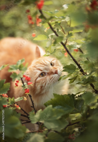 A photo of a red cat near a redcurrant bush.