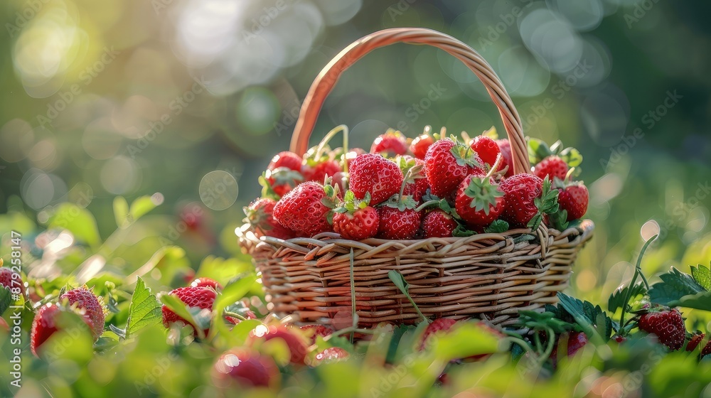 Freshly picked strawberries in basket Freshly picked strawberries in basket
